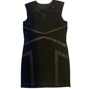 Guess Black on Black Faux Leather Trim Shift Dress Sleeveless Office Cocktail